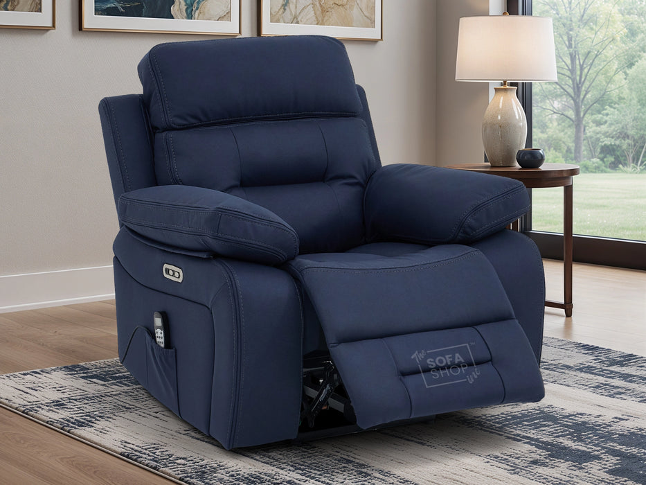3+1 Electric Recliner Sofa Suite in Blue Resillience Fabric | Hi-Tech Cinema Set with Massage, Drop-Down Table, Power Headrest, Power Recliner, Storage Drawer, USB & Wireless Charging | Sicily