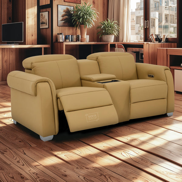 2 Seater Real Leather Electric Recliner Sofa | Cinema Sofa | Hi-Tech Sofa in Tan with Massage, Middle Console, Wireless Charging, Adjustable Headrests & USB | Turin