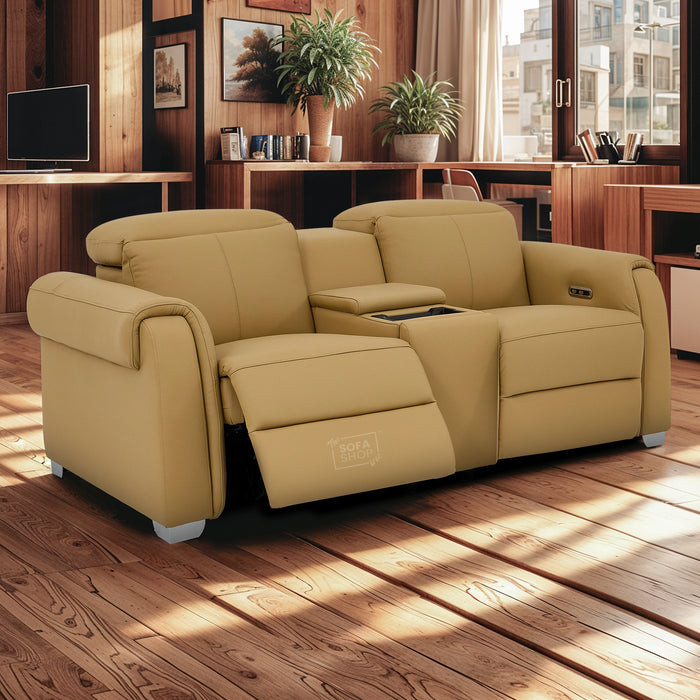 2 Seater Real Leather Electric Recliner Sofa | Cinema Sofa | Hi-Tech Sofa in Tan with Massage, Middle Console, Wireless Charging, Adjustable Headrests & USB | Turin