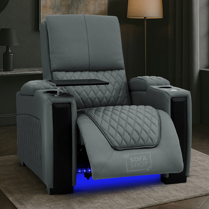 1 Seat Real Leather Electric Recliner Home Cinema Chair in Grey Wth Massage + Low Heated Lumbar + Cup Holders + Storage Compartments | Assisi