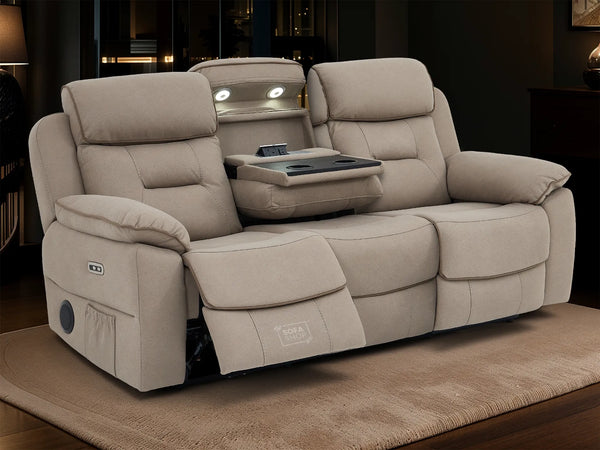 3 Seat Electric Recliner Home Cinema Sofa | Fabric Couch In Beige | Hi-Tech Sofa with Cup Holders + Table + Power Headrests + Speakers | Florence