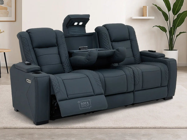 3 Seater Electric Cinema Sofa in Blue Genuine Leather with Drop-Down Table, Cup Holders, LED Reading Light, Power Recliner, USB Ports & Storage Box | Blue Leather | Napoli | The Sofa Shop