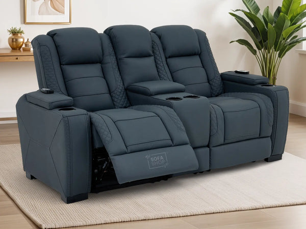 2 Seater Electric Cinema Sofa in Blue Real Leather with Massage, Cup Holders, Power Recliner, USB Ports, Socket Set & Storage Box | Blue Leather | Napoli