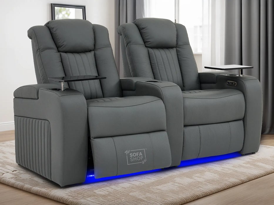 2 Seater Real Leather Power Recliner Smart Cinema Sofa | Grey Couch with Massage, Arm Storage, and Adjustable Headrest | Capri | The Sofa Shop
