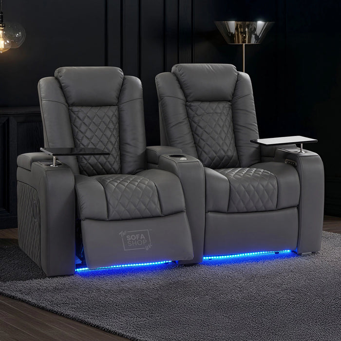 2 Seater Grey Real Leather Electric Recliner Cinema Sofa | Power Headrest, Bluetooth Speakers, Wireless Charging & Cooling Cup Holders | Milano | The Sofa Shop