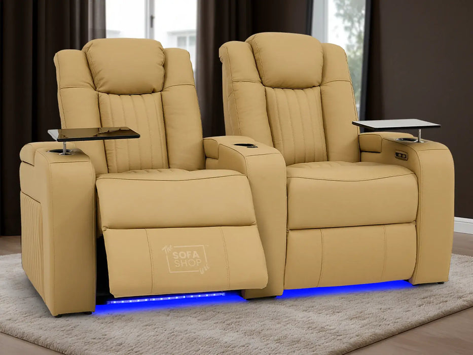 Real Leather 3+2 Smart Recliner Sofa Set in Tan | Power Reclining Sofa Suite with Drop-Down Table, Console, Massage, USB & LED | Capri | The Sofa Shop