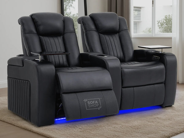 2 Seater Real Leather Power Reclining Cinema Sofa in Black with Console, USB Ports, Table, Cup Holders, Storage & Massage | Capri | The Sofa Shop