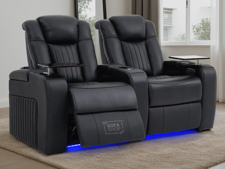 2 Seater Real Leather Power Reclining Cinema Sofa in Black with Console, USB Ports, Table, Cup Holders, Storage & Massage | Capri | The Sofa Shop