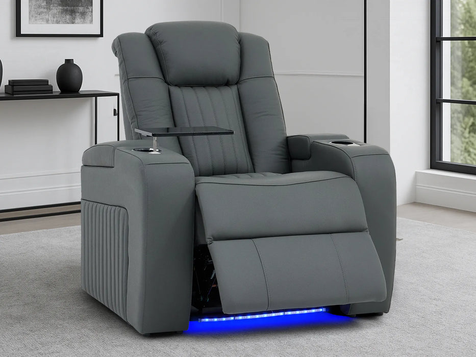 Real Leather Recliner Chair & Cinema Seat in Grey | Electric Armchair with Massage, LED Cup Holders, Table & USB Ports | Capri