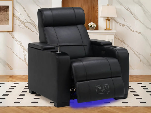 1 Seat Real Leather Electric Recliner Chair Home Cinema Sofa In Black with Massage, Cup Holders + Storage + USB + LED Lights | Rimini