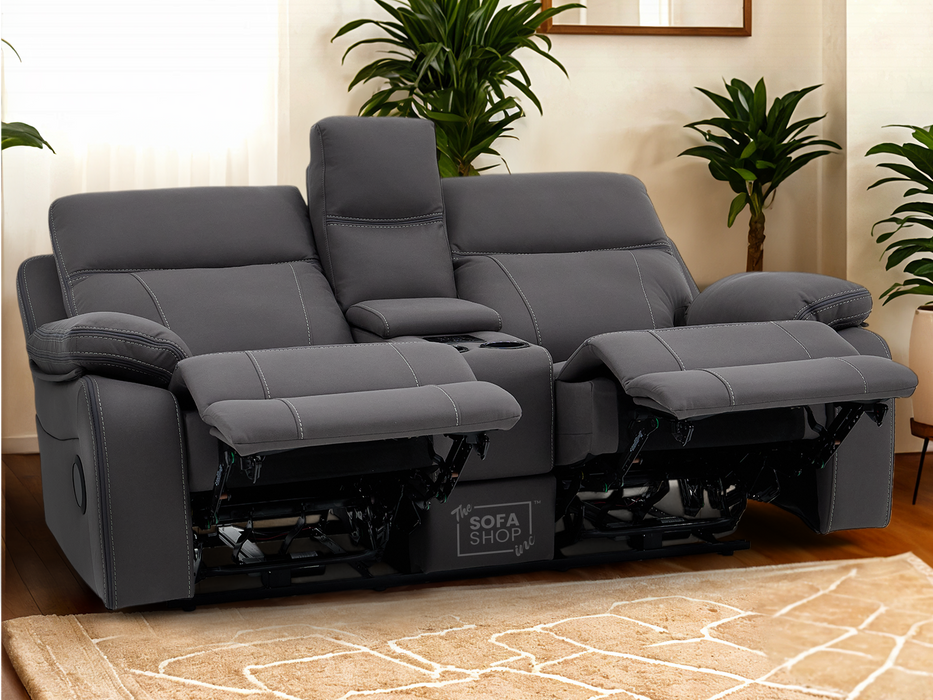 2 Seater Hi-Tech Sofa | Electric Recliner Home Cinema Seat in Grey Fabric with Chilled Cupholders + Console + Power Sockets + USB | Vinsonova Series one