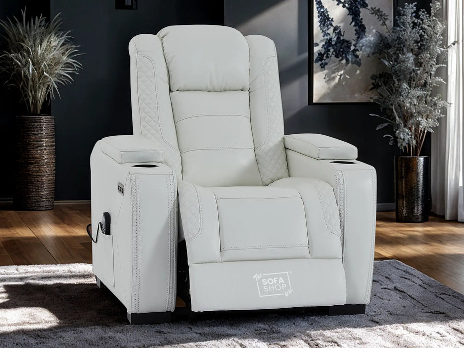 3+1 Real Leather Sofa Set. Two piece Sofa with Power Headrest, USB Ports, Electric Reclining, Massage Seats, Socket Set & Storage Drawer | White Leather | Napoli
