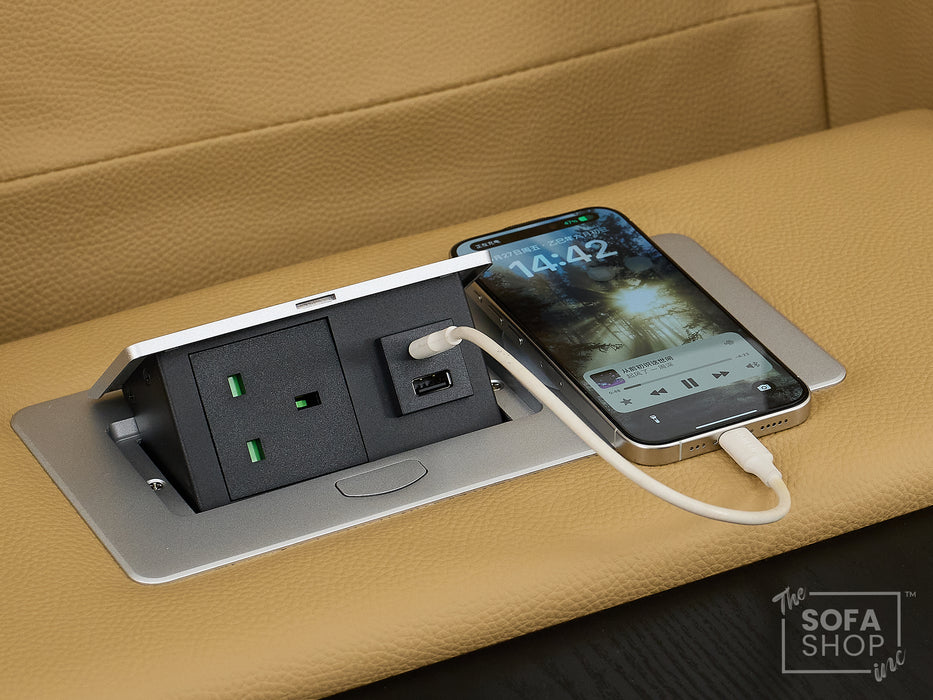 3 Seater Real Leather Power Recliner Sofa in Tan | Cinema Sofa with USB Charging, Cup Holders, Storage, LED Lights & Massage | Capri | The Sofa Shop