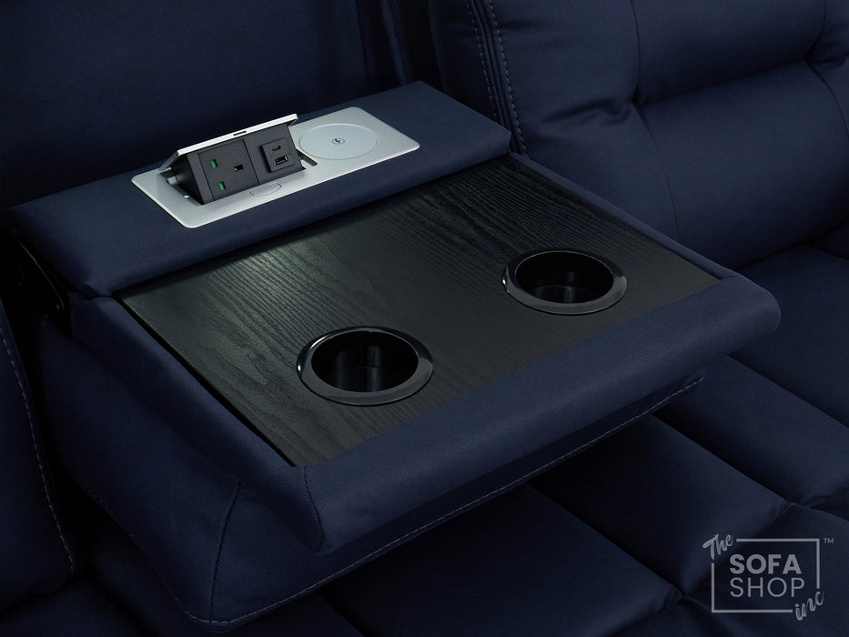3+1 Electric Recliner Sofa Suite in Blue Resillience Fabric | Hi-Tech Cinema Set with Massage, Drop-Down Table, Power Headrest, Power Recliner, Storage Drawer, USB & Wireless Charging | Sicily