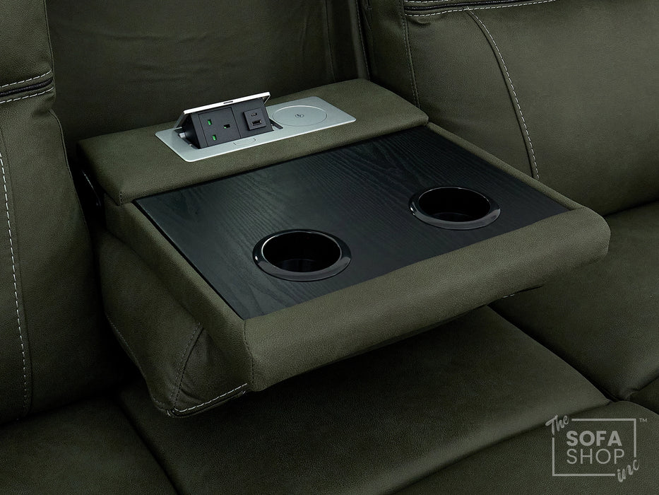 3 Seat Electric Recliner Home Cinema Theatre Sofa | Fabric Couch In Green with Massage + Cupholders + Table + Power + USB + Speakers | Vinsonova | The Sofa Shop