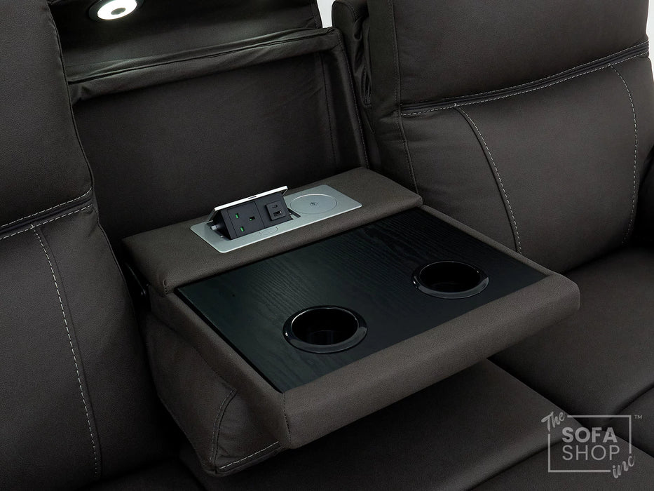 3 Seat Electric Recliner Home Cinema Theatre Sofa | Fabric Couch In Grey with Massage + Cupholders + Table + USB + Speakers | Vinsonova | The Sofa Shop