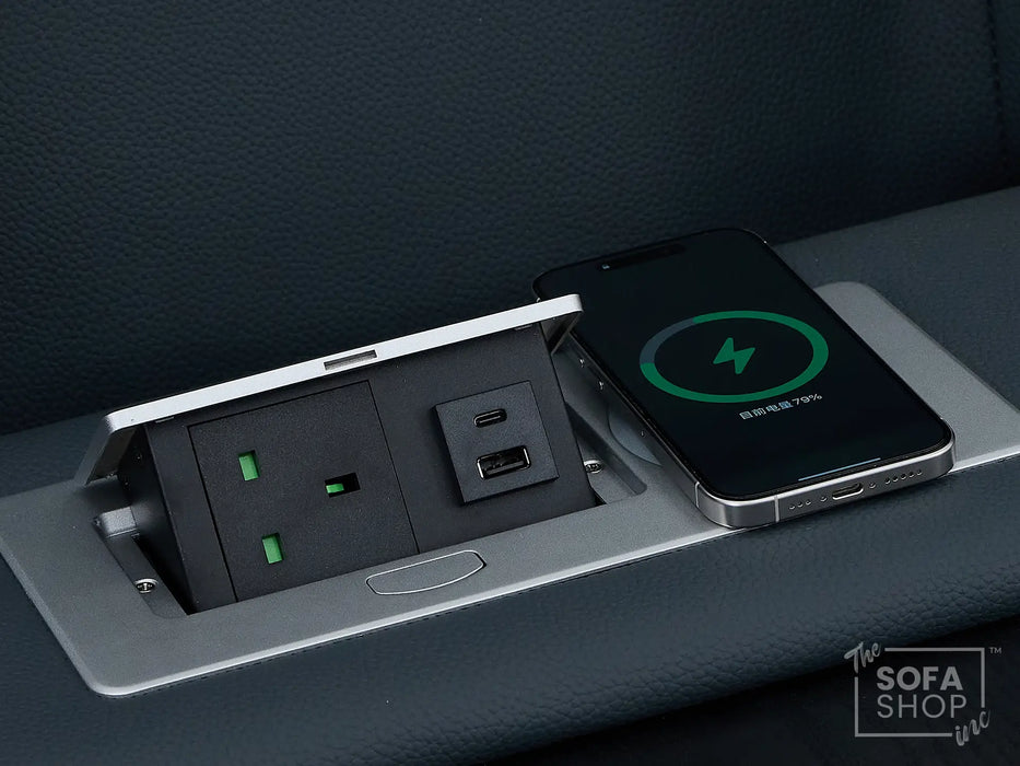 3+2 Cinema Sofa Set in Blue Genuine Leather with Massage, Drop-Down Table, Cup Holders, LED Reading Light, Power Recliner, USB Ports, Socket Set & Storage | Blue Leather | Napoli | The Sofa Shop