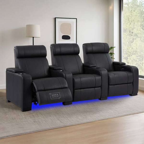 3 Seat Real Leather Electric Recliner Home Cinema Theatre Sofa in Black with Massage, Cupholders + USB + LED Lights | Rimini