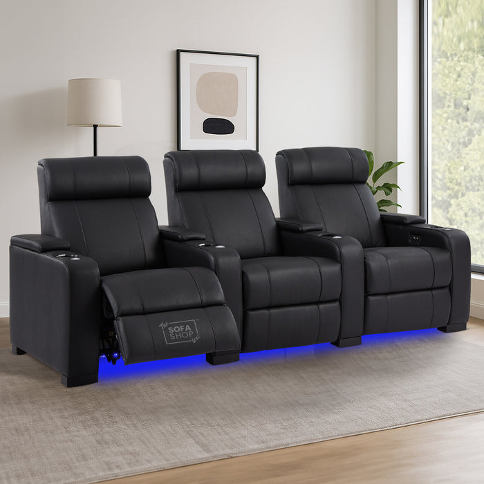 3 Seat Real Leather Electric Recliner Home Cinema Theatre Sofa in Black with Cupholders + USB + LED Lights | Rimini Series One