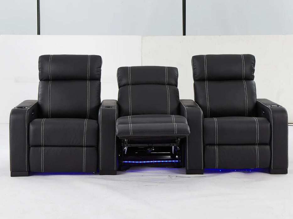 3 Seater Reclining Home Theatre Sofa | Black Real Leather Electric Seats With Arm Storage, LED, USB & Cup Holders | Catania | The Sofa Shop - 30