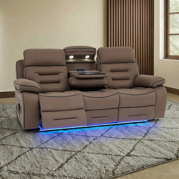 3 Seater Electric Recliner Cinema Sofa in Brown Fabric | Hi-Tech Sofa With Massage, Fold-Down Table, Bluetooth Speakers, LED Lights & Power Headrest | Tuscany | The Sofa Shop