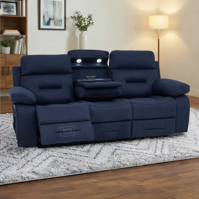 3 Seater Electric Recliner Cinema Sofa in Blue Resillience Fabric | Hi-Tech Cinema Seats with Massage, Heating, Drop-Down Table, LED Reading Light, Power Headrest, Power Recliner, Storage Drawer, USB & Wireless Charging | Sicily