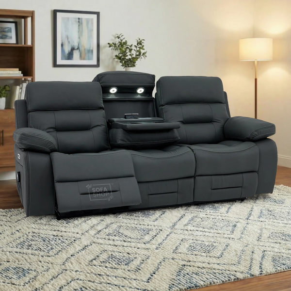 3 Seater Electric Recliner Cinema Sofa in Grey Real Leather | Hi-Tech Cinema Seats with Massage, Drop-Down Table, LED Reading Light, Power Headrest, Power Recliner, Storage Drawer, USB & Wireless Charging | Sicily
