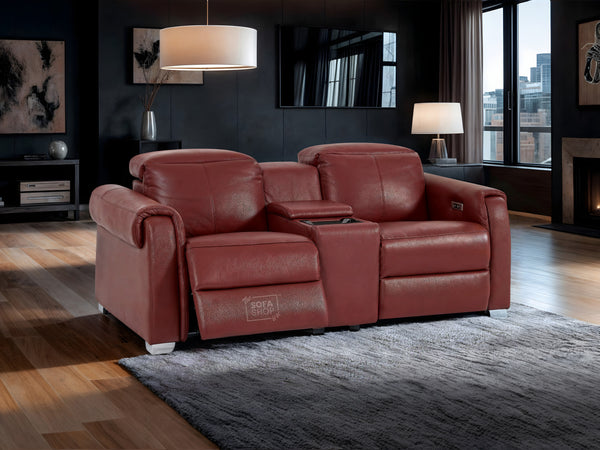 2 Seat Electric Recliner Home Cinema Theatre Sofa | Genuine Leather Couch in Red + Black Cup Holders + Power Headrests + USB + Console | Turin | Sofa Shop