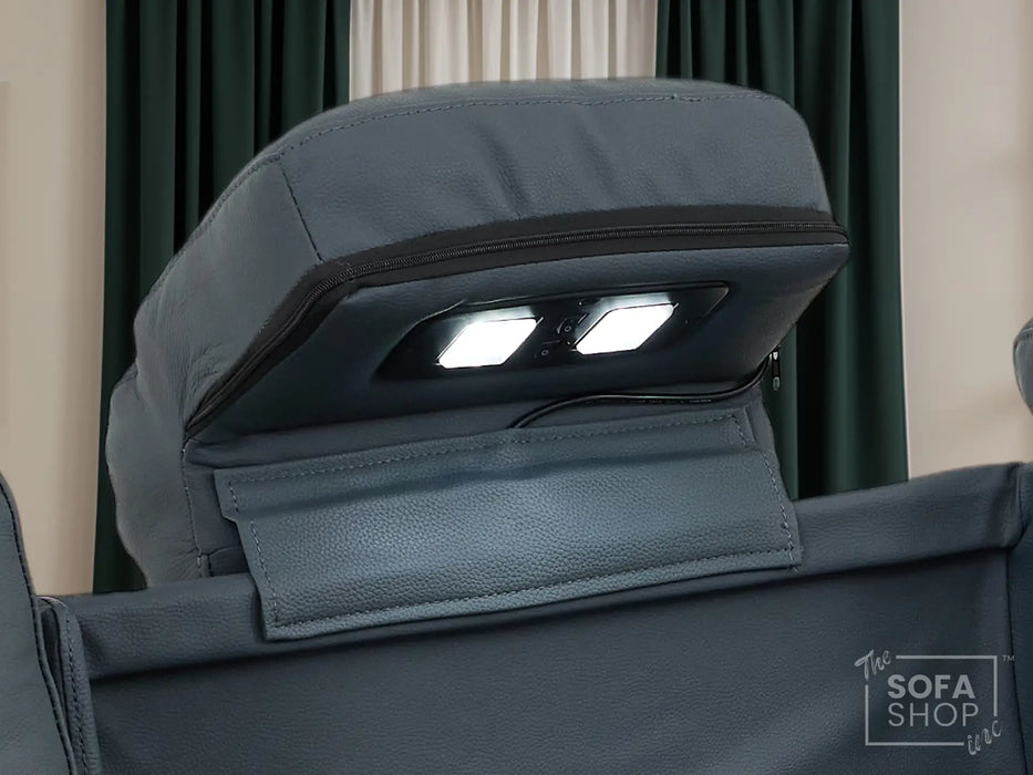 3 Seater Real Leather Recliner Sofa In Blue | Cinema Sofa with Massage, Heating, USB Ports, Drop-Down Table, LED Lights & Massage | Capri | The Sofa Shop