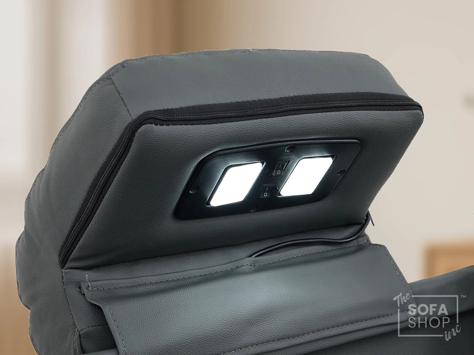 3 Seater Recliner Cinema Sofa | Theatre Couch in Grey Real Leather with USB Ports, Heating, Cup Holders, and Wireless Charger | Capri | The Sofa Shop