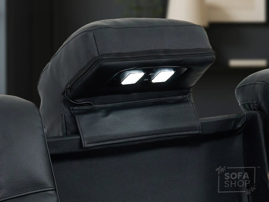 Real Leather 3+2+1 Power Reclining Sofa Set in Black | 3-Piece Cinema Sofa Suite with Console, Power Sockets, Cup Holders, Table & Massage | Capri