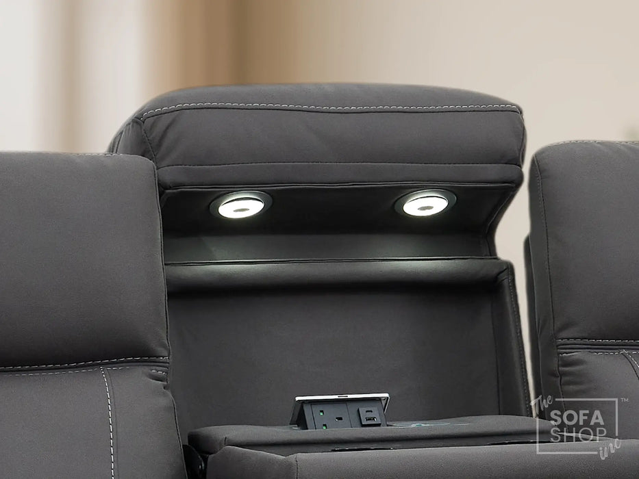 3 Seat Electric Recliner Home Cinema Theatre Sofa | Fabric Couch In Grey + Cupholders + Table + Power + USB + Speakers | Vinsonova | The Sofa Shop