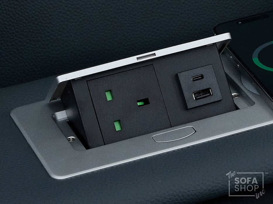 3+2 Cinema Sofa Set in Blue Genuine Leather with Massage, Drop-Down Table, Cup Holders, LED Reading Light, Power Recliner, USB Ports, Socket Set & Storage | Blue Leather | Napoli | The Sofa Shop