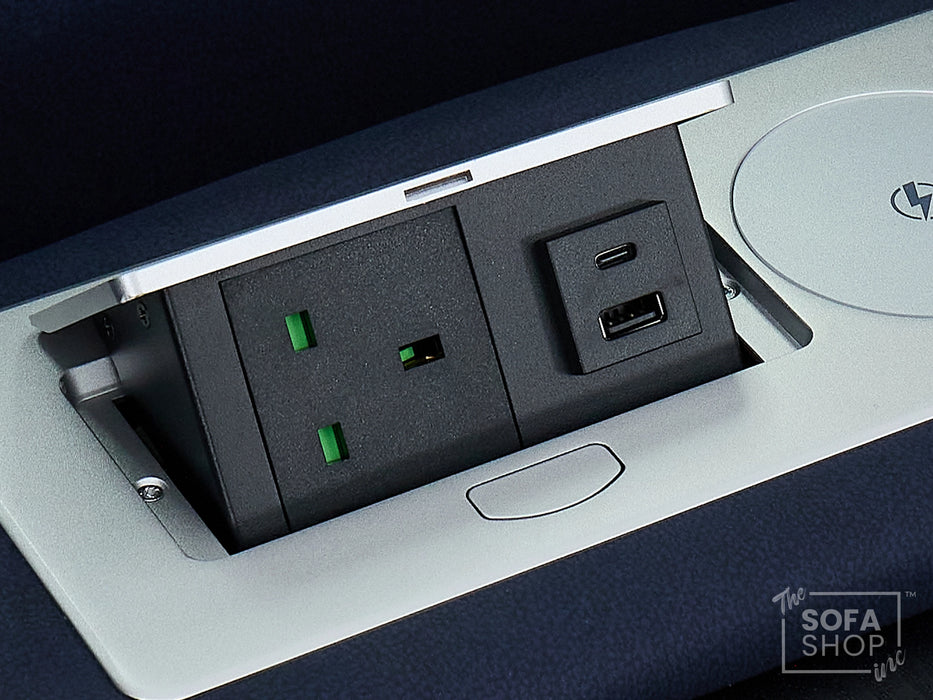 3+1 Electric Recliner Sofa Suite in Blue Resillience Fabric | Hi-Tech Cinema Set with Massage, Drop-Down Table, Power Headrest, Power Recliner, Storage Drawer, USB & Wireless Charging | Sicily