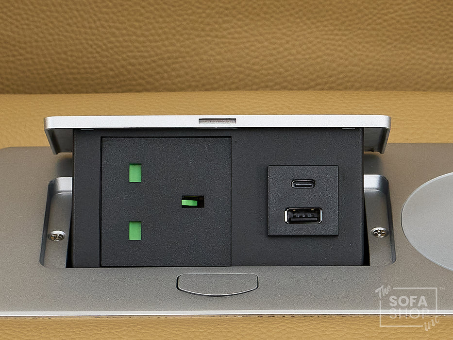 Real Leather 3+2 Smart Recliner Sofa Set in Tan | Power Reclining Sofa Suite with Drop-Down Table, Console, Massage, USB & LED | Capri | The Sofa Shop