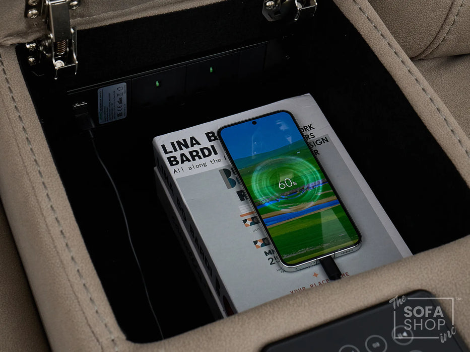 2 Seat Electric Recliner Home Cinema Sofa | Fabric Couch In Beige | Hi-Tech Sofa with Chilled Cup Holders + Console + USB | Florence