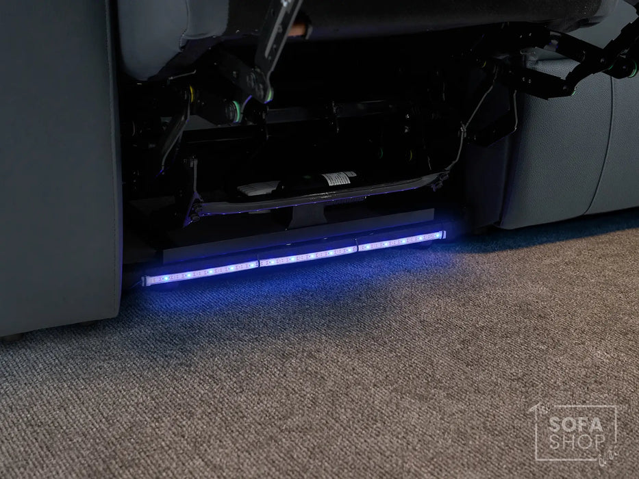 Real Leather Recliner Chair In Blue with Power Headrest, Power Recline, Massage, USB Charging, LED Cup Holder & Tray Table | Capri