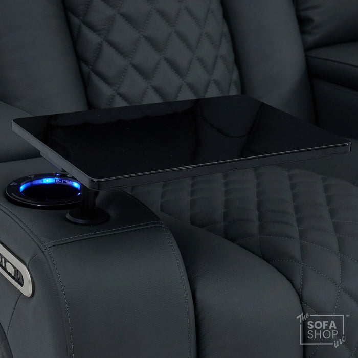 2 Seater Grey Real Leather Electric Recliner Cinema Sofa | Hi-Tech Couch With Power Headrest, Bluetooth Speakers, Wireless Charging, Cooling + Heating Cup Holder & Power Grommet  | Milano