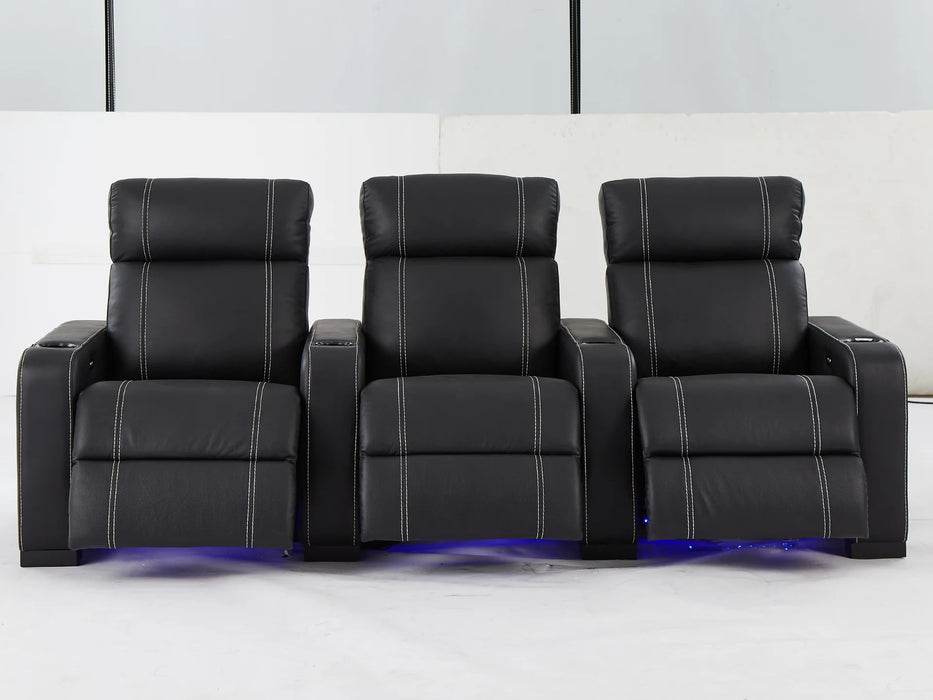 3 Seater Reclining Home Theatre Sofa | Black Real Leather Electric Seats With Arm Storage, LED, USB & Cup Holders | Catania | The Sofa Shop - 30