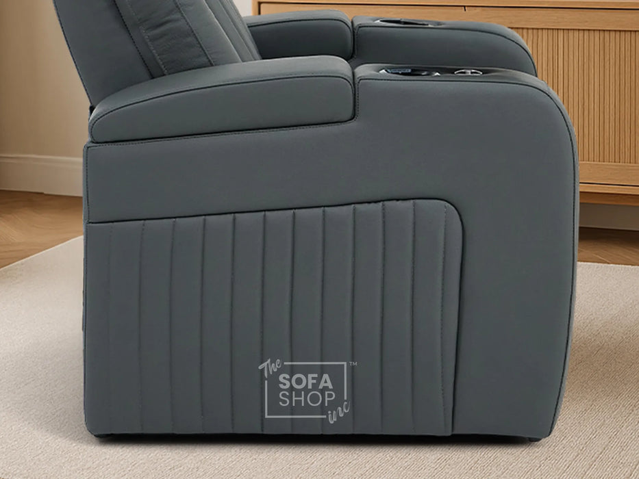 Real Leather Recliner Chair & Cinema Seat in Grey | Electric Armchair with Massage, LED Cup Holders, Table & USB Ports | Capri