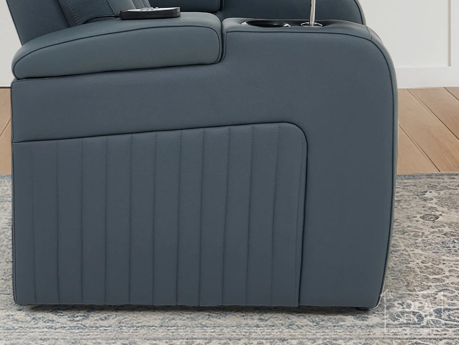 3 Seater Real Leather Recliner Sofa In Blue | Cinema Sofa with Massage, Heating, USB Ports, Drop-Down Table, LED Lights & Massage | Capri | The Sofa Shop