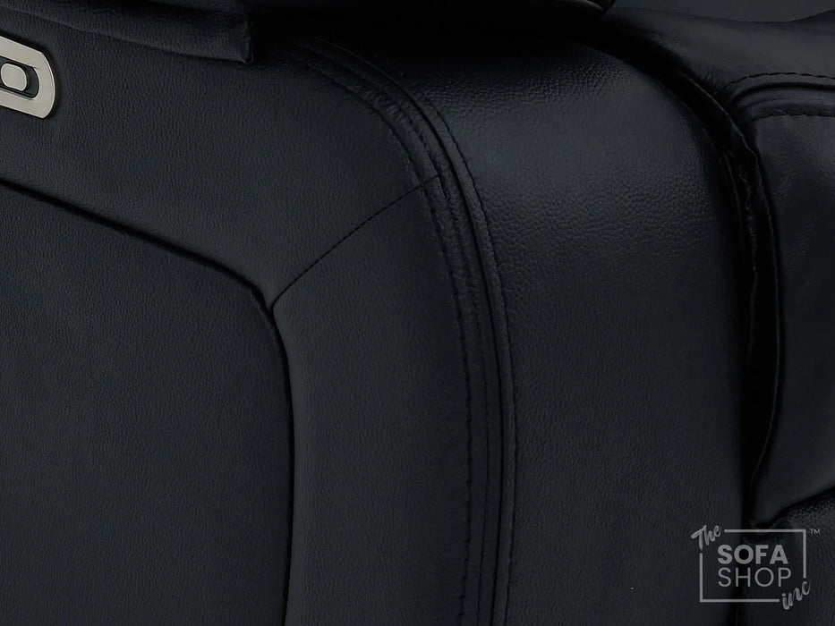 3+2 Electric Recliner Sofa Set in Black Real Leather | Hi-Tech Cinema Package with Massage, Drop-Down Table, Power Headrest, Power Recliner, Storage Drawer, USB & Wireless Charging | Sicily