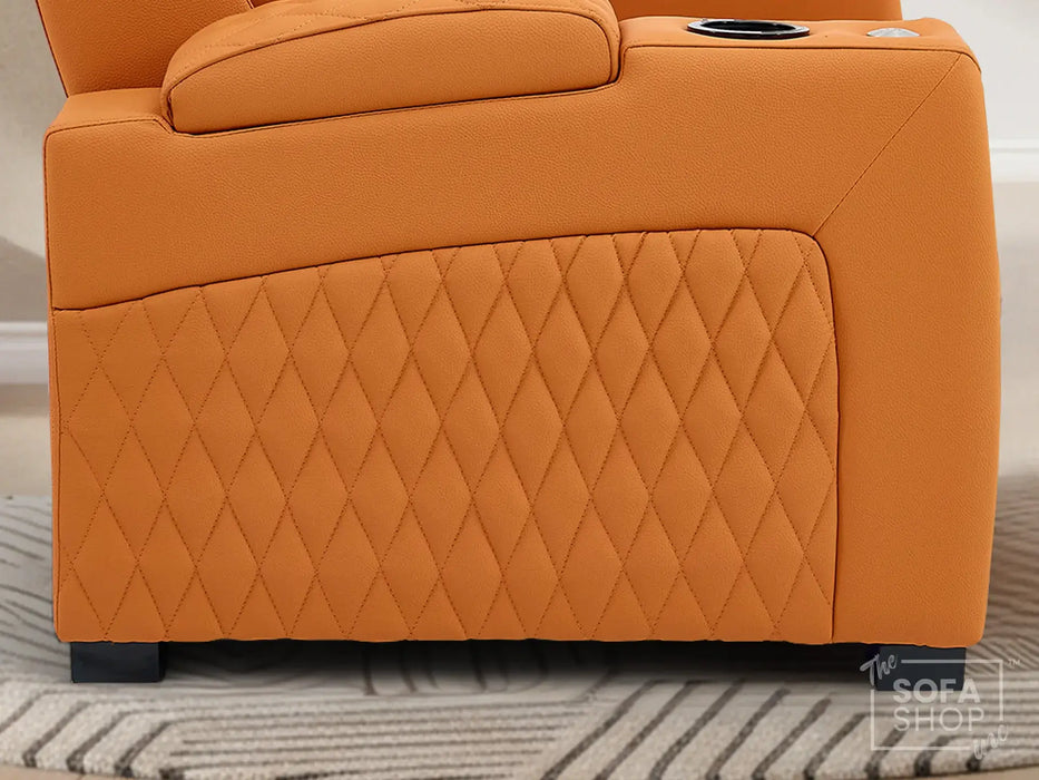 3 Seat Real Leather Electric Recliner Home Cinema Theatre Sofa In Orange | Keep Drinks Chilled in Cooling Cup Holders & Lumbar Support | Assisi