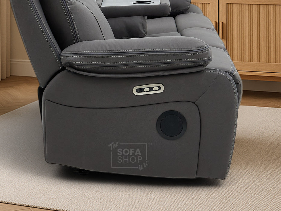3 Seat Electric Recliner Home Cinema Theatre Sofa | Fabric Couch In Grey with Cupholders + Table + USB + Speakers | Vinsonova Series One