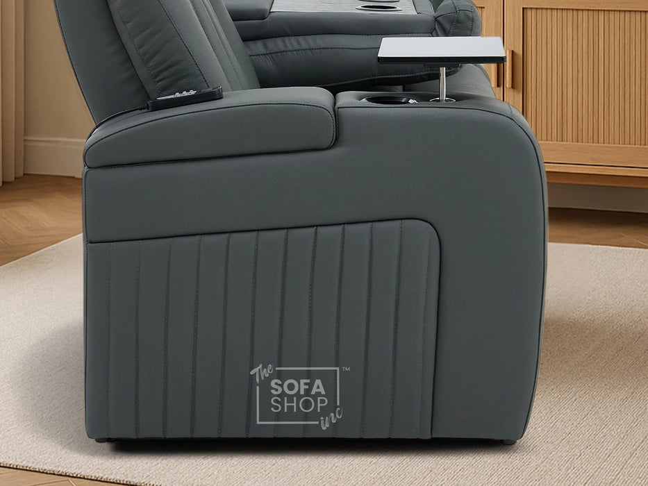 3 Seater Recliner Cinema Sofa | Theatre Couch in Grey Real Leather with USB Ports, Heating, Cup Holders, and Wireless Charger | Capri | The Sofa Shop