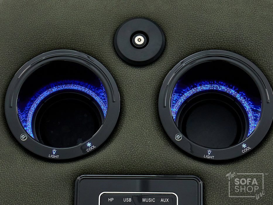 2 Seater Hi-Tech Sofa | Electric Recliner Home Cinema Seat in Green Fabric with Massage + Chilled Cupholders + Console + Power Sockets + USB | Vinsonova