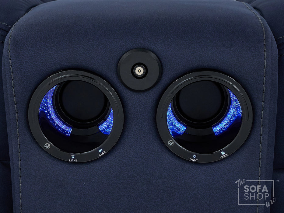 3+2 Electric Recliner Sofa Set in Blue Resillience Fabric | Hi-Tech Cinema Package with Massage, Drop-Down Table, Power Headrest, Power Recliner, Storage Drawer, USB & Wireless Charging | Sicily