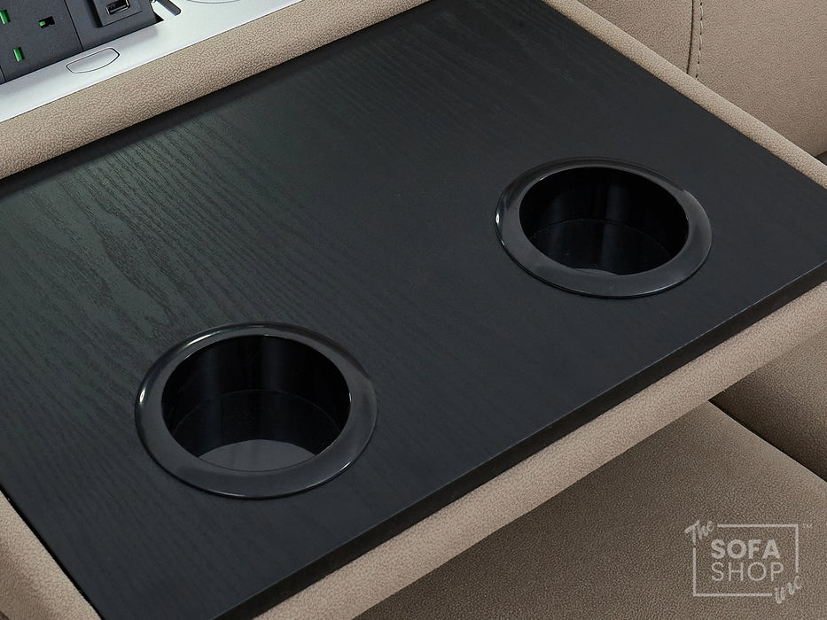 3 Seat Electric Recliner Home Cinema Sofa | Fabric Couch In Beige | Hi-Tech Sofa with Cup Holders + Table + Power Headrests + Speakers | Florence