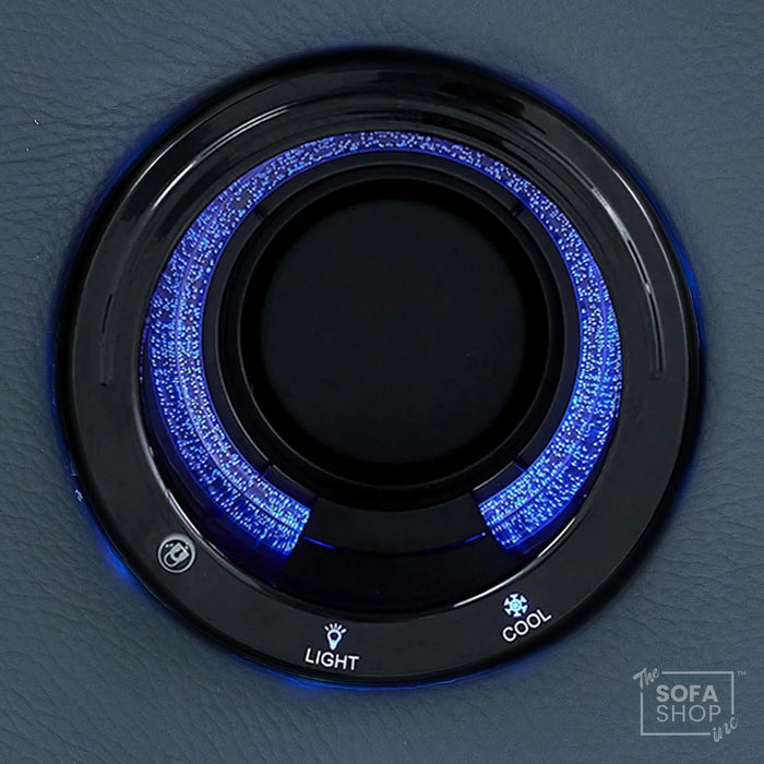 Real Leather Recliner Chair In Blue with Power Headrest, Power Recline, Massage, Heating, USB Charging, Cooling Cup Holder & Tray Table | Capri