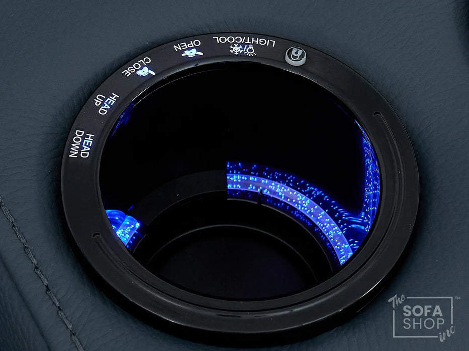 2 Seater Electric Cinema Sofa in Blue Real Leather with Massage, Cup Holders, Power Recliner, USB Ports, Socket Set & Storage Box | Blue Leather | Napoli